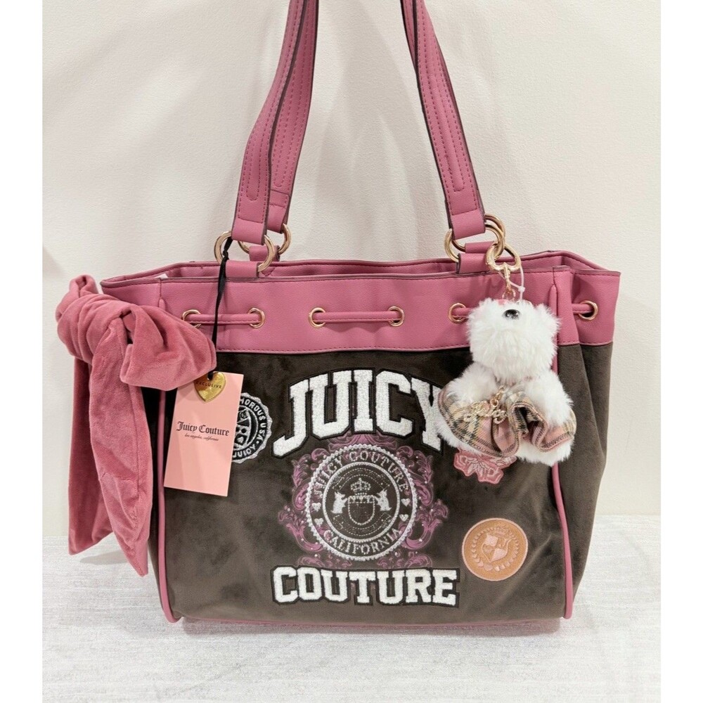 Juicy Couture varsity Daydreamer in chocolate/Pink Tote Bag Plus Charm NWT